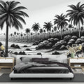 Black and white tropical palm tree wallpaper creating a stunning focal point in a modern minimalist living room