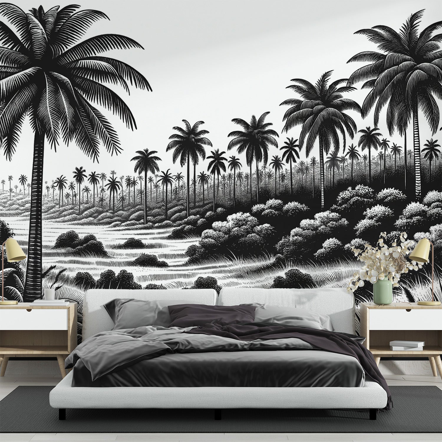 Black and white tropical palm tree wallpaper creating a stunning focal point in a modern minimalist living room