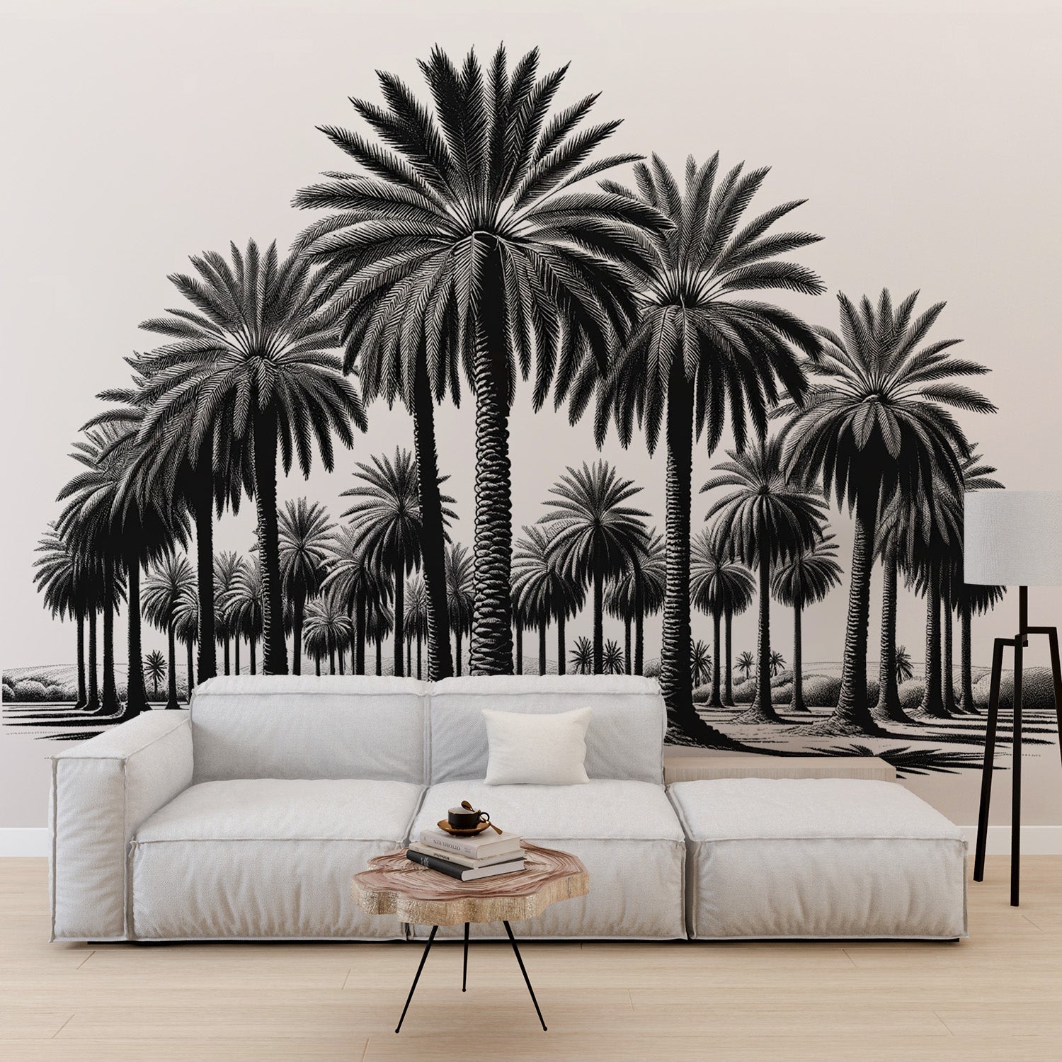 Black and white tropical palm tree wallpaper creating a stunning focal point in a modern living room with minimalist furniture