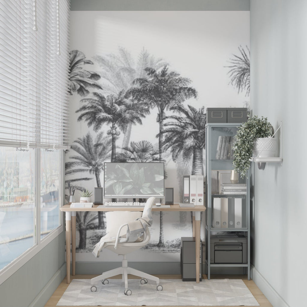 Monochrome palm tree mural adding sophistication to a master bedroom with white bedding