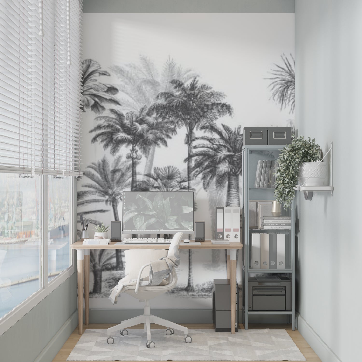 Monochrome palm tree mural adding sophistication to a master bedroom with white bedding