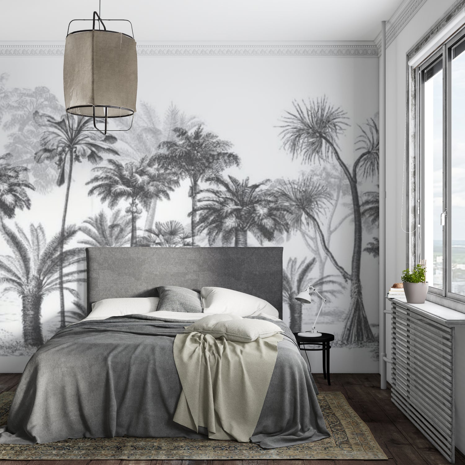 Striking black and white palm wall design transforming a home office space