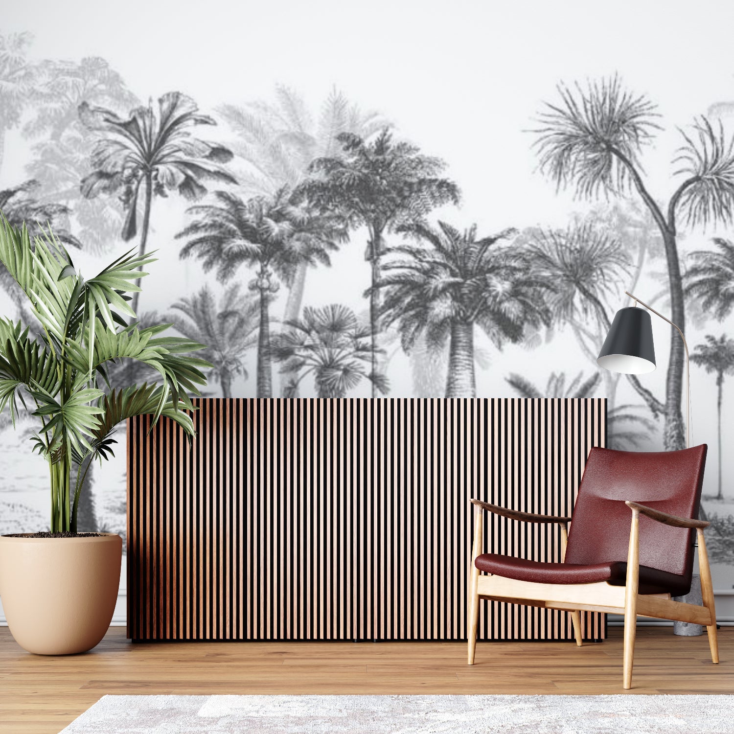 Tropical palm mural making a bold statement in a dining room with modern decor