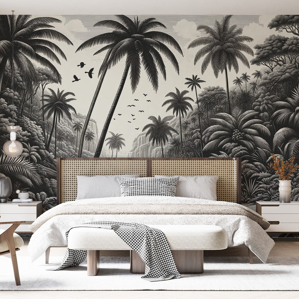 Black and white tropical paradise wallpaper creating a dramatic focal point in a modern living room with minimalist furniture
