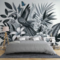 Tropical bird wallpaper creating dramatic impact in modern living room, black and white parrot design with blue accents