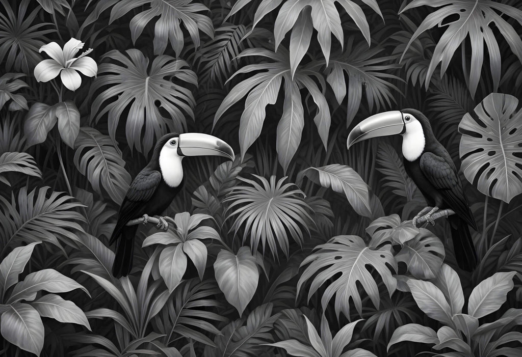 Black and white toucan jungle design file showing intricate leaf patterns and bird details