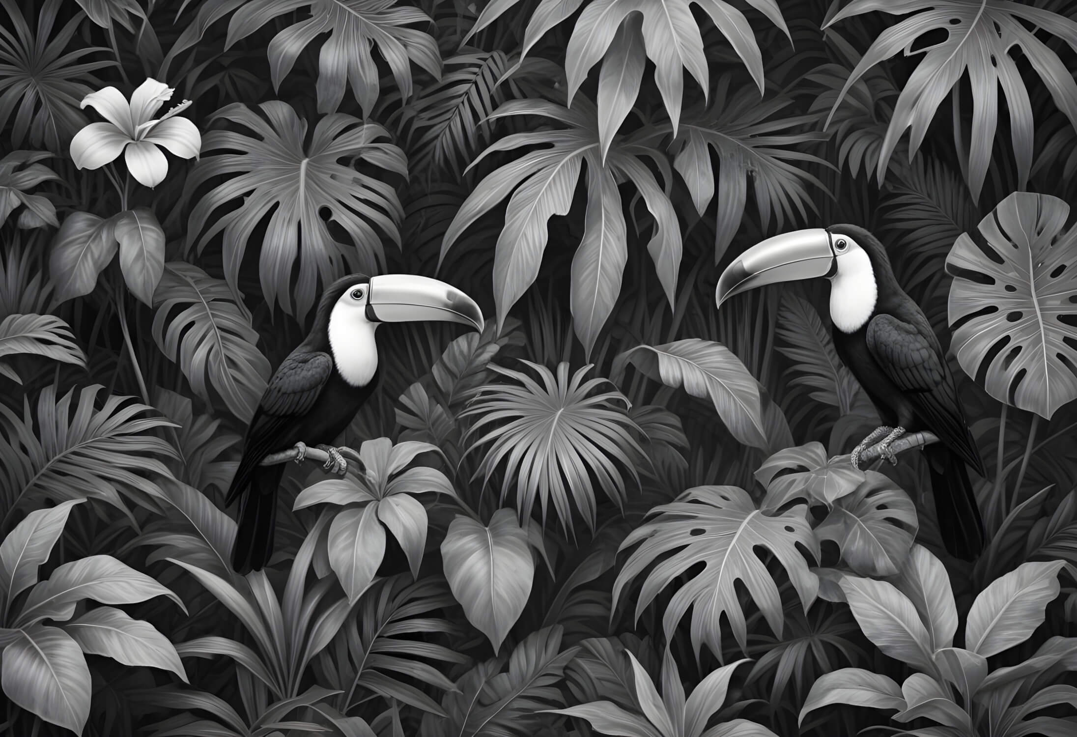 Black and white toucan jungle design file showing intricate leaf patterns and bird details