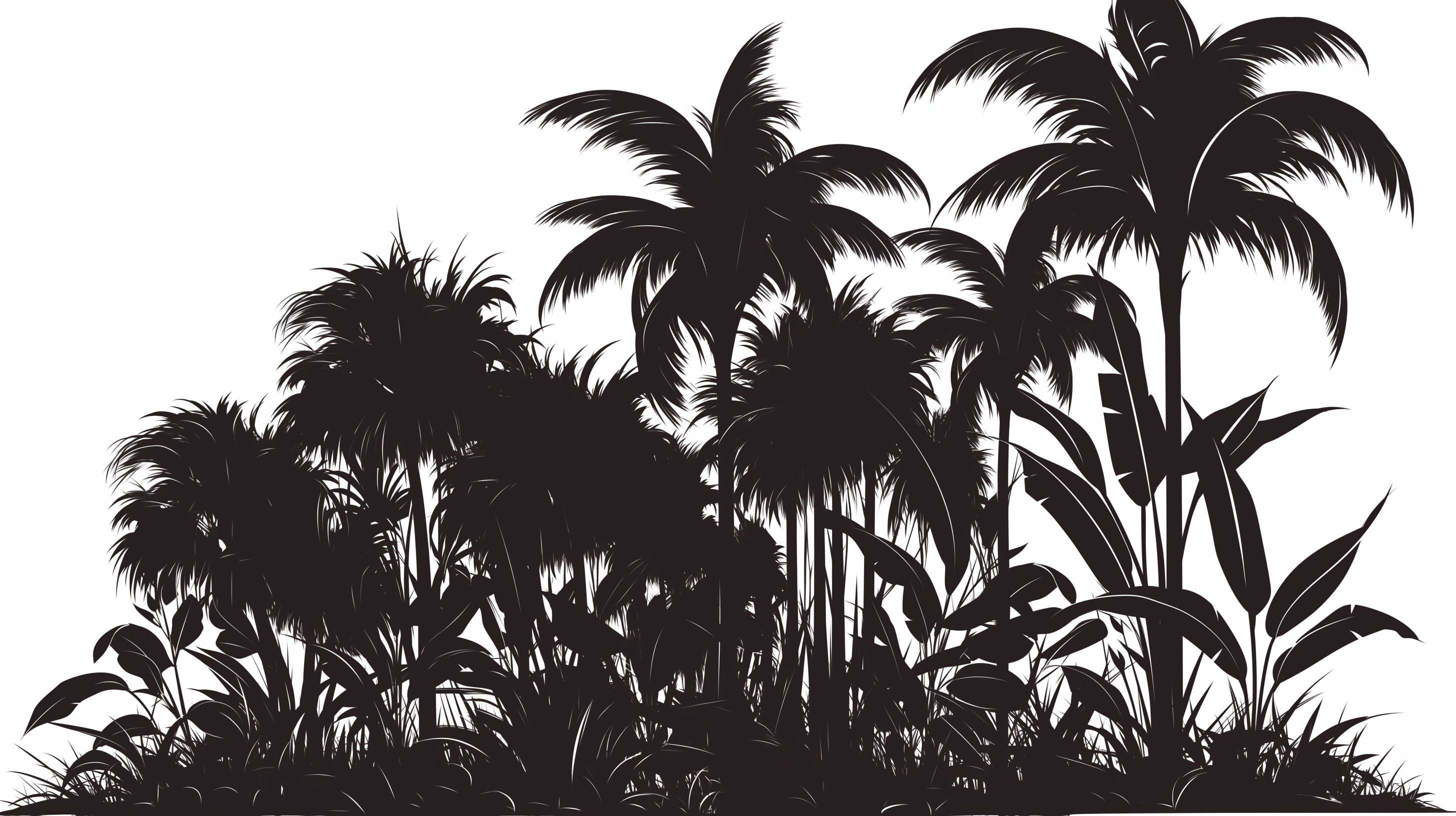 Black palm trees silhouette wallpaper design file showing detailed fronds and leaves pattern