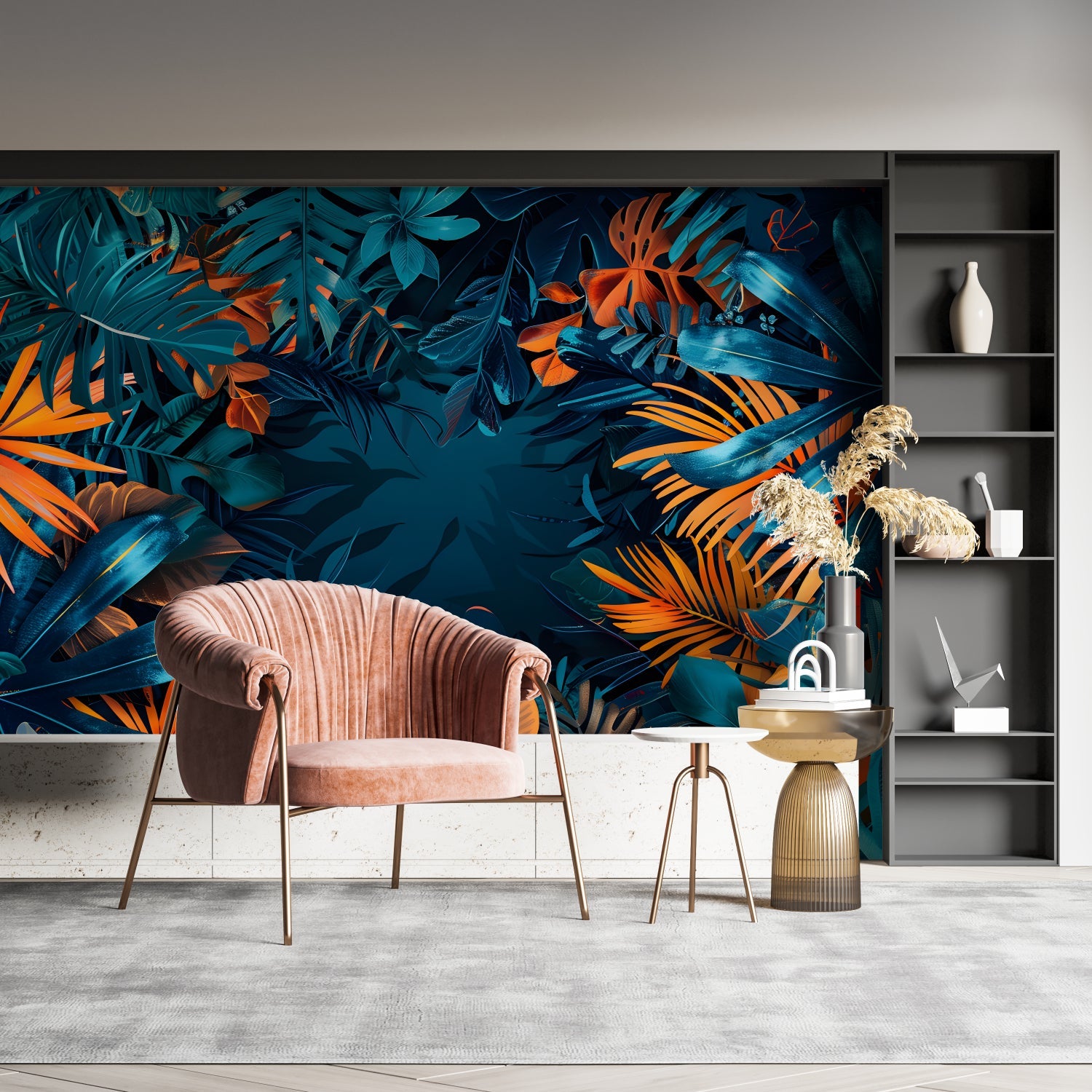 Tropical leaf wallpaper in a modern living room, blue and orange leaves creating a bold accent wall