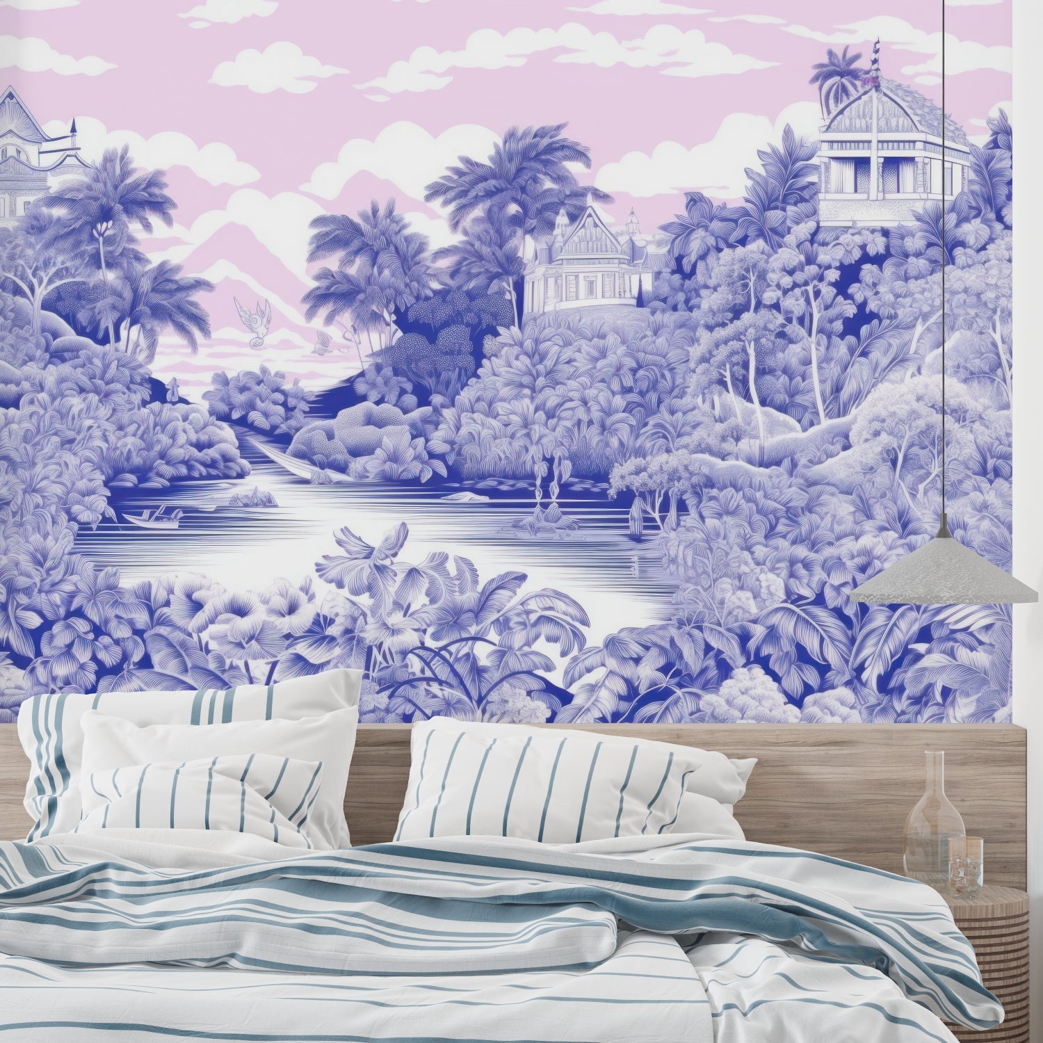 Tropical paradise wallpaper creating a calm atmosphere in a modern living room with blue and pink tones