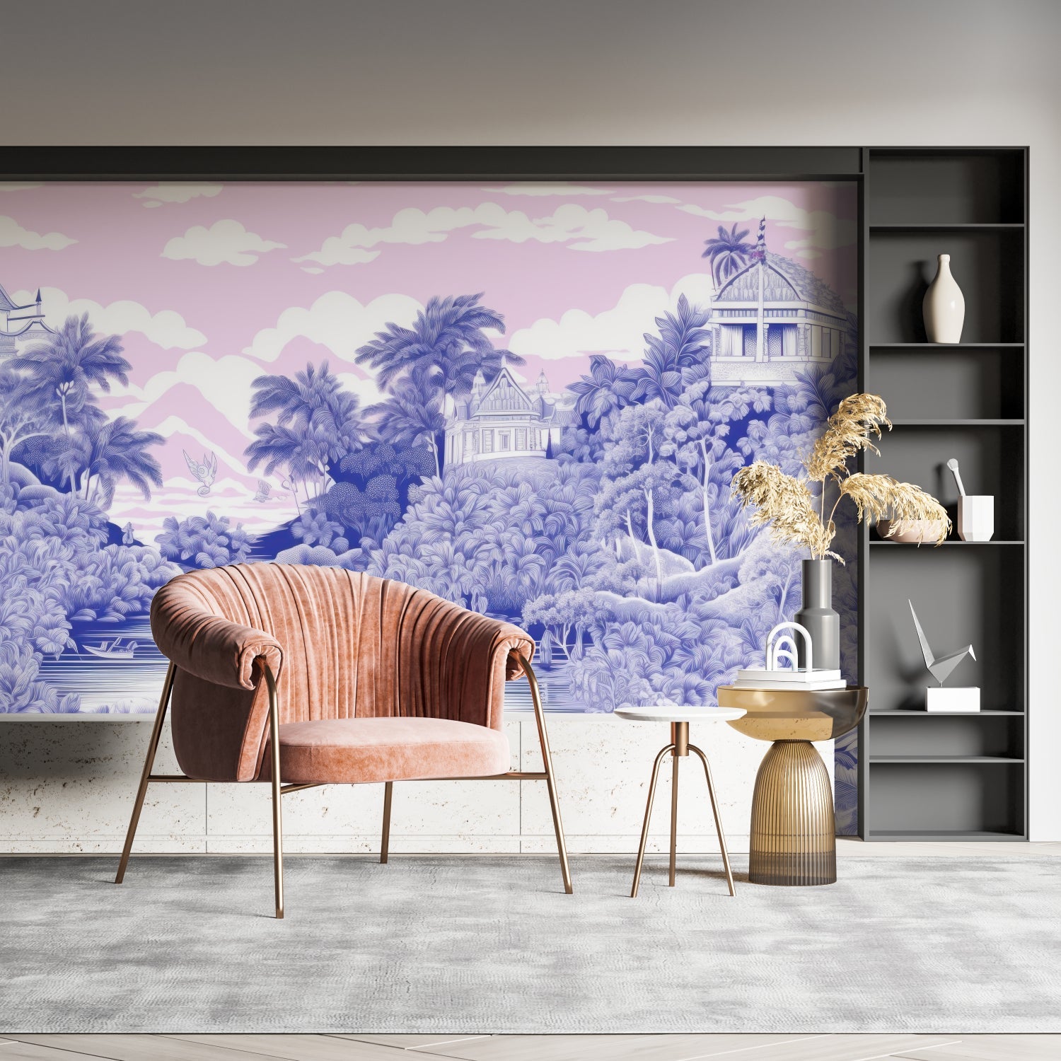 Oriental garden wallpaper design adding depth to a minimalist dining room
