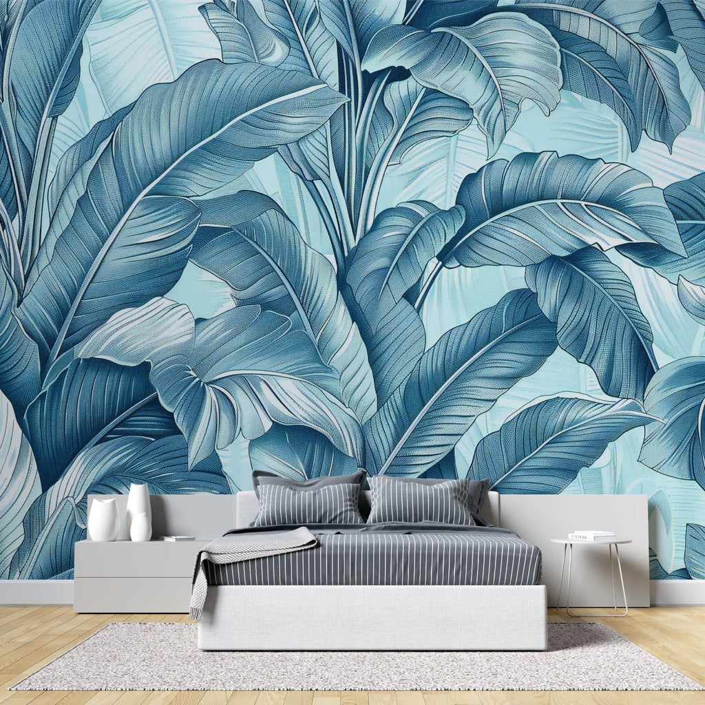 Blue botanical wallpaper creating a fresh look in a modern home office