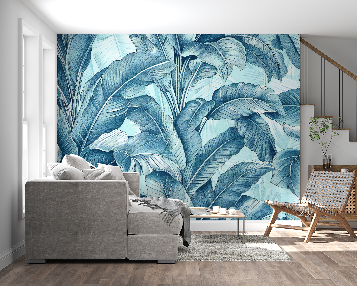 Tropical leaf mural installation in a contemporary bathroom setting