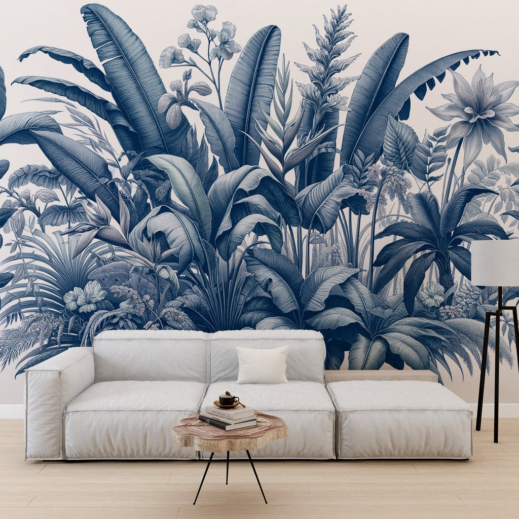Blue tropical botanical wallpaper creating a serene atmosphere in a modern living room with white furniture