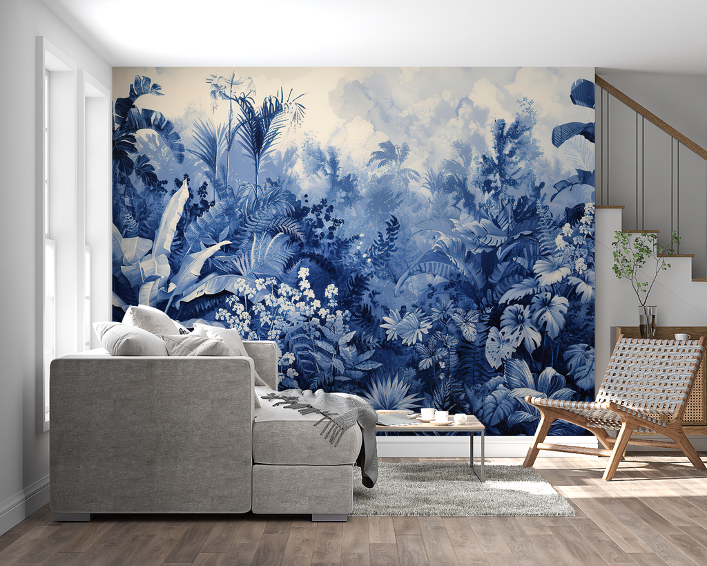 Monochrome tropical leaves wallpaper adding depth to a home office