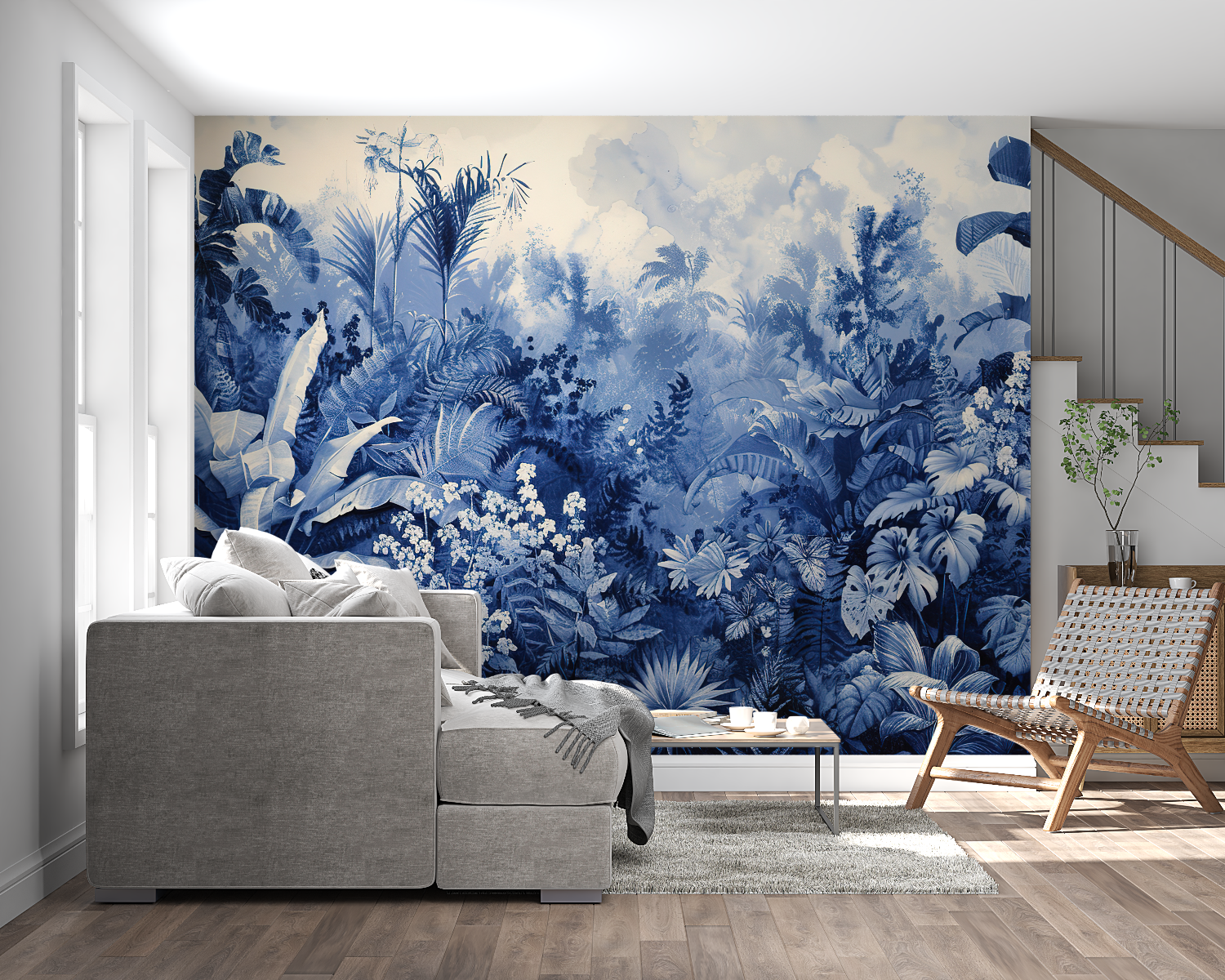 Monochrome tropical leaves wallpaper adding depth to a home office