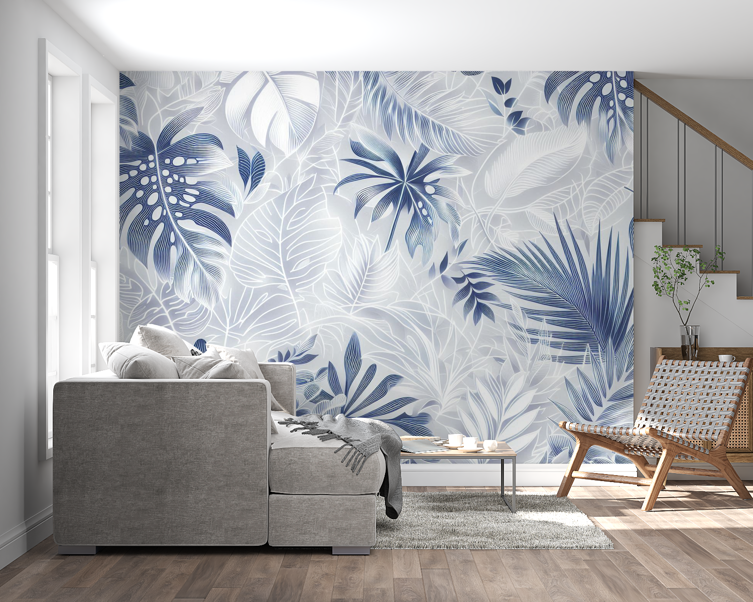 Blue botanical wallpaper in dining room creating elegant atmosphere