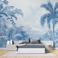 Tropical palm wallpaper in bright modern living room showing blue palm fronds creating depth