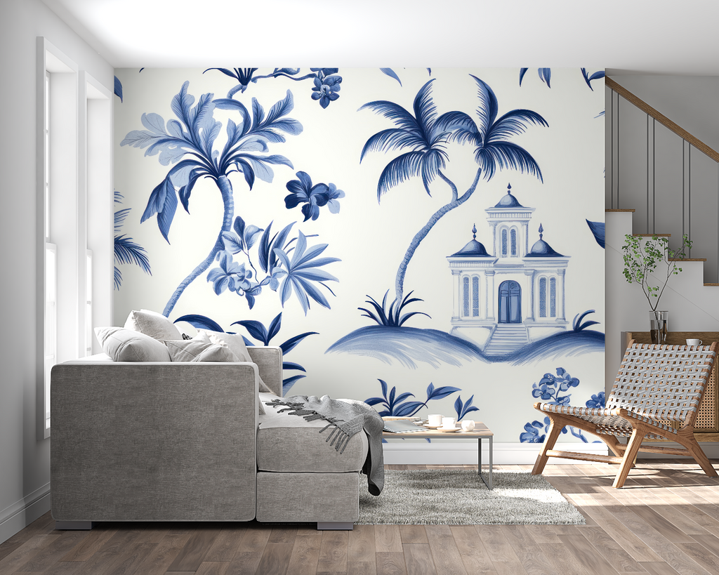 Mediterranean villa wallpaper in blue tones adorning a stylish dining room wall