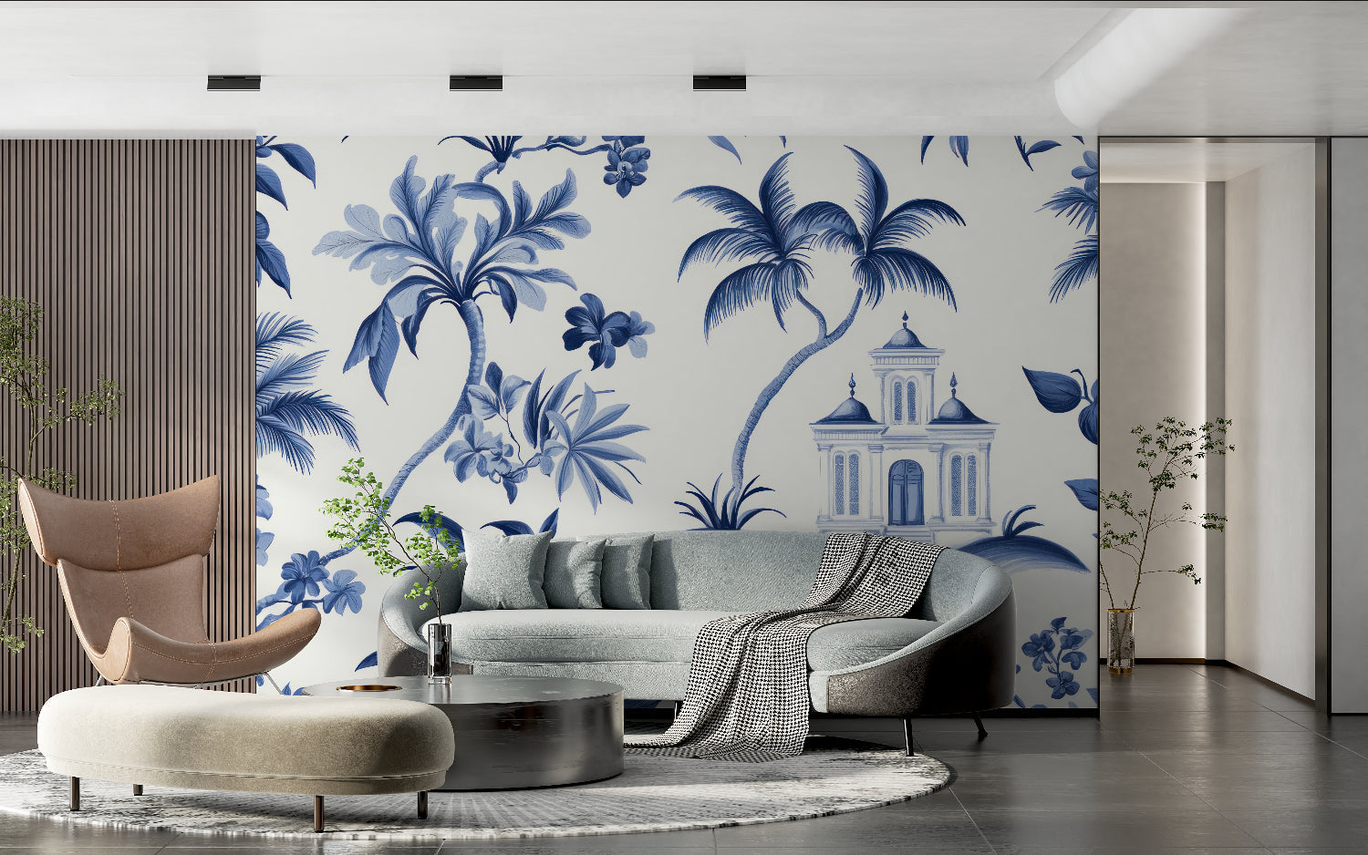 Blue tropical wallpaper transforming an entrance hall into an elegant coastal retreat