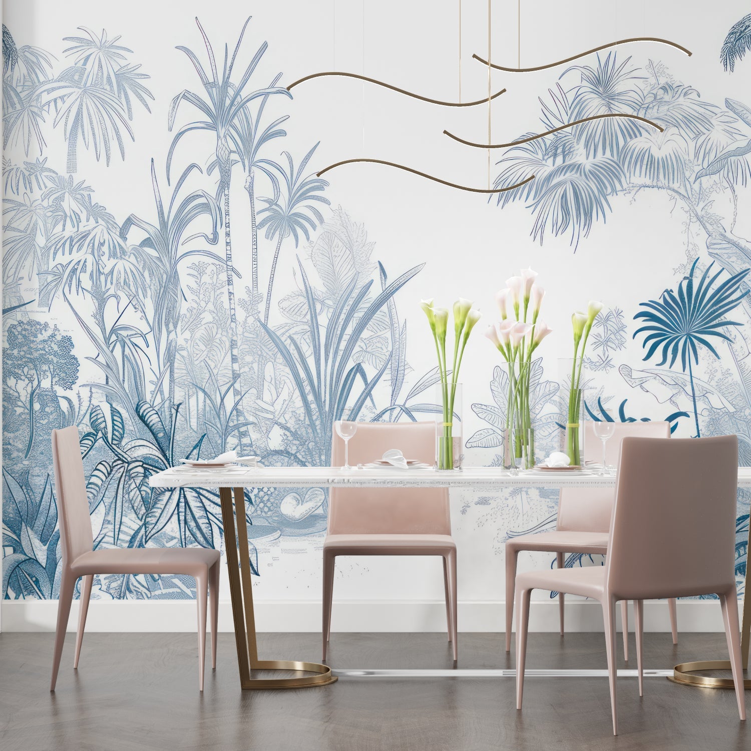 Tropical palm wallpaper creating calm atmosphere in master bedroom