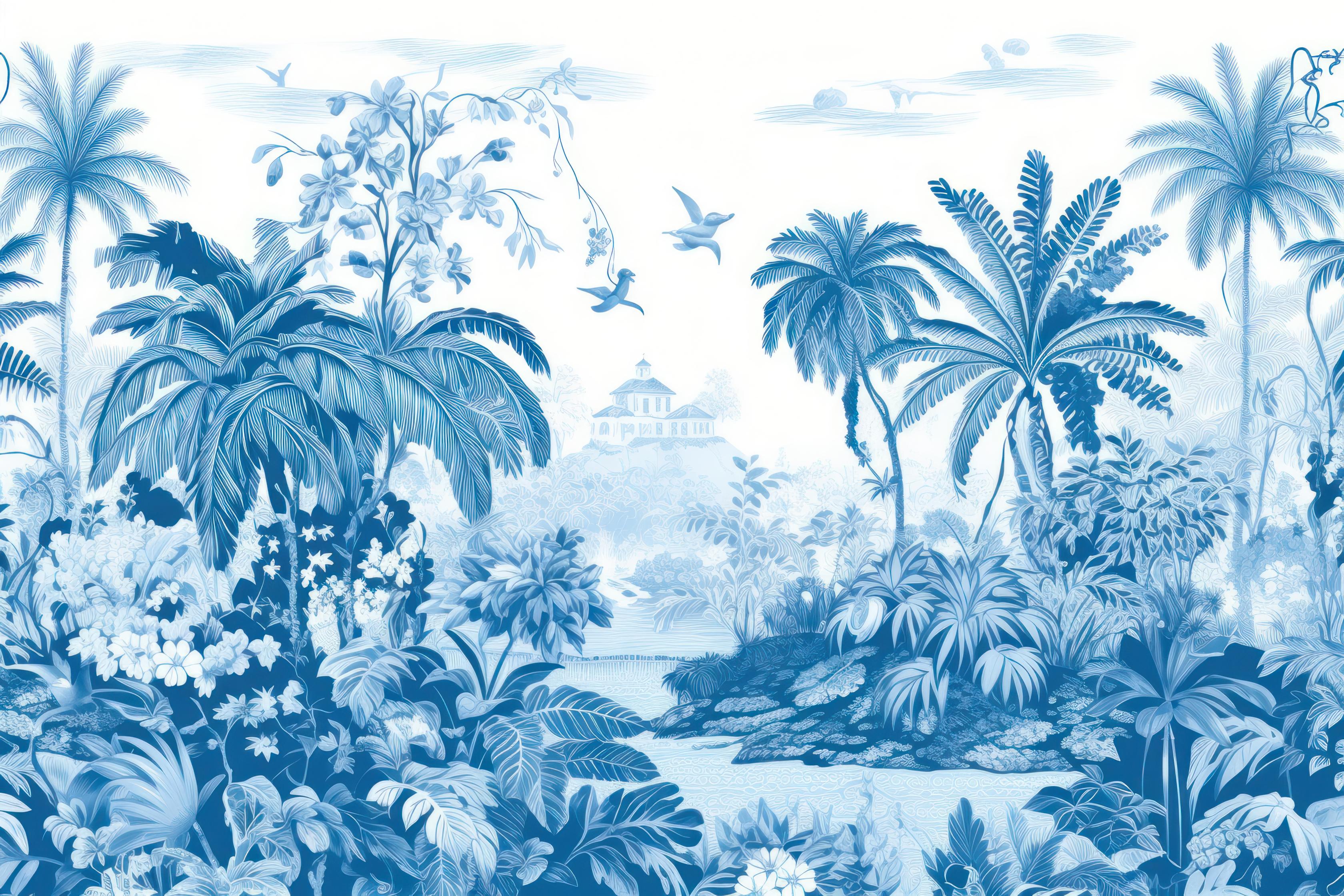 Tropical paradise wallpaper design file showing detailed blue palm trees and colonial house pattern