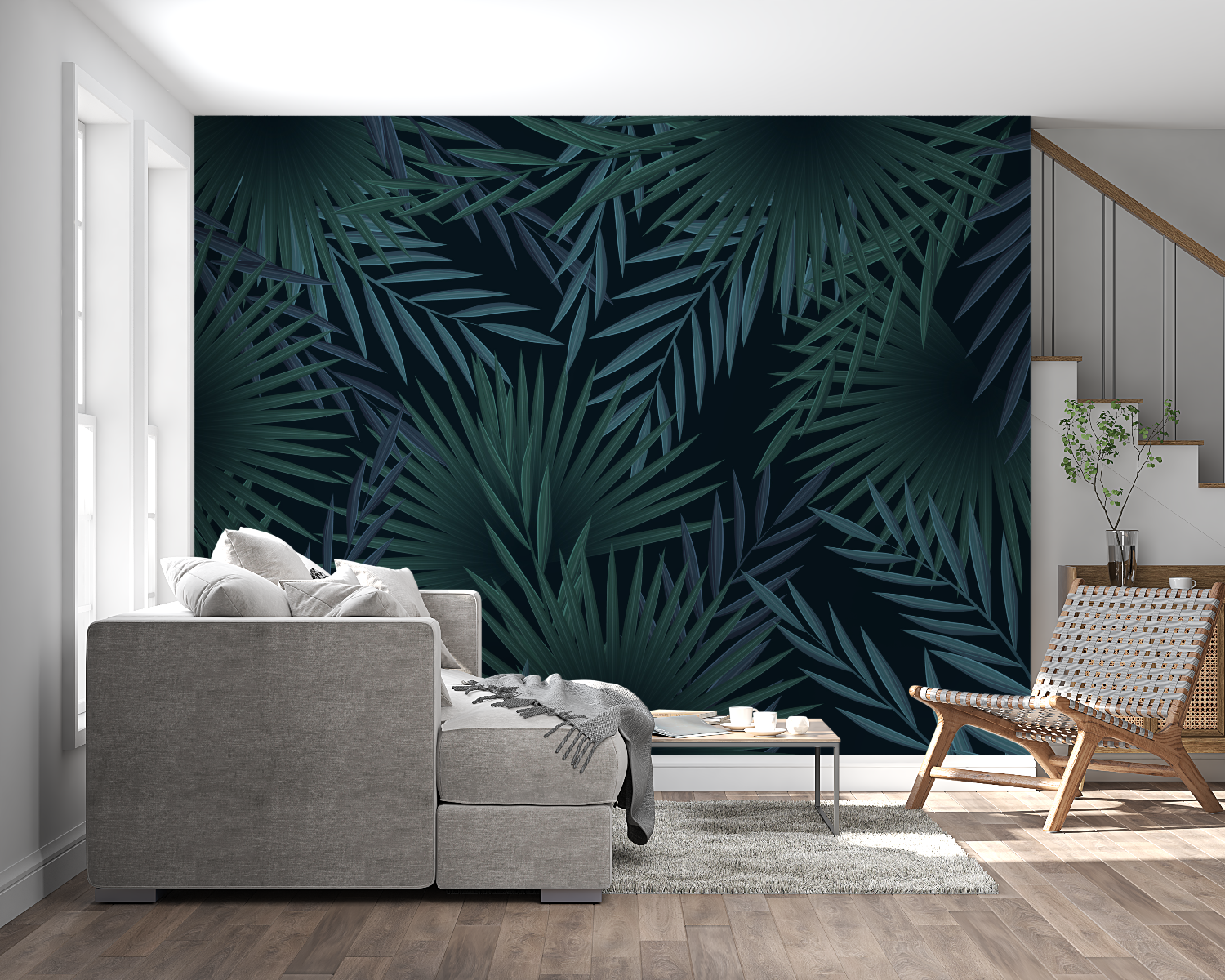 Palm leaves wallpaper accent wall in home office with natural decor