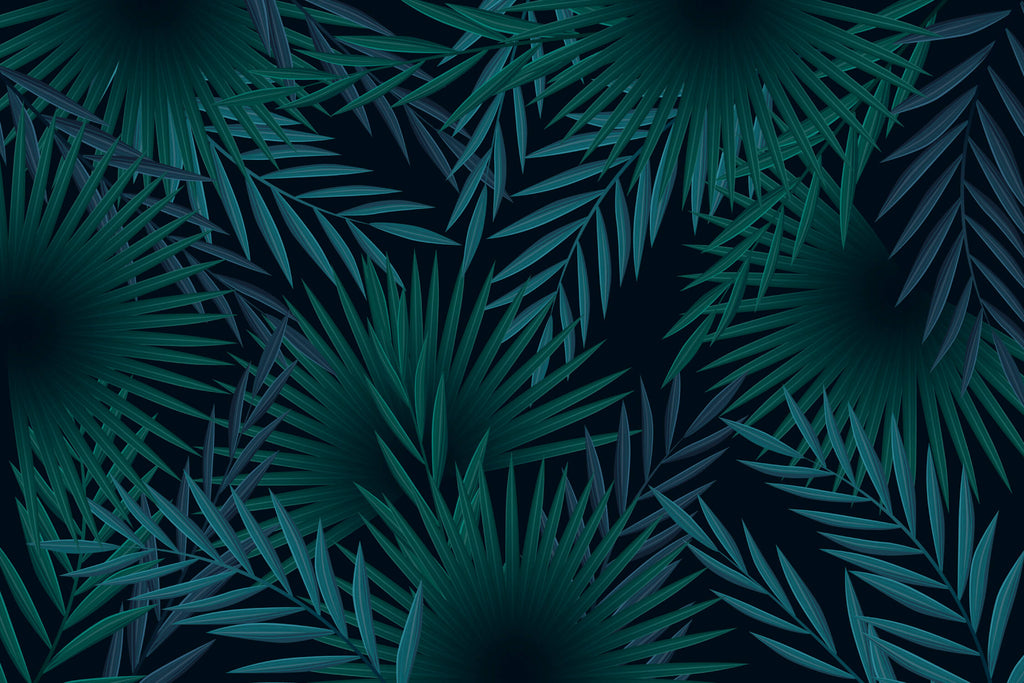 High-resolution design file of dark green palm leaves pattern on black background