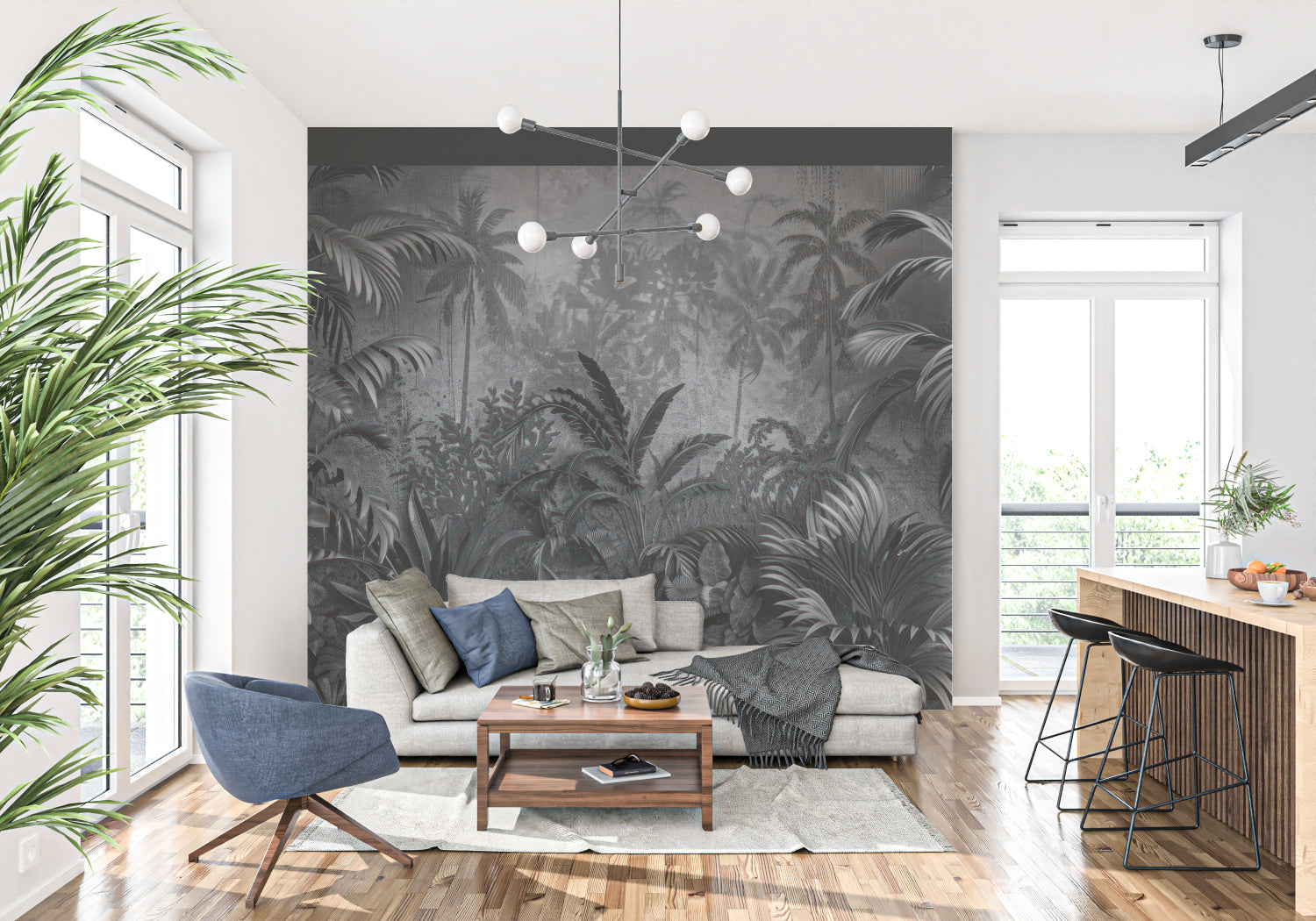Monochrome palm leaves wallpaper in bathroom setting