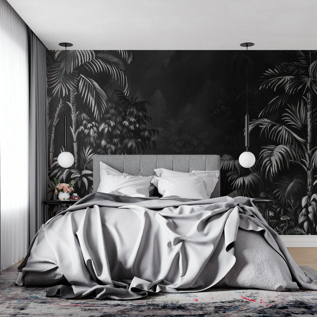 Elegant palm wallpaper installation in modern bathroom setting