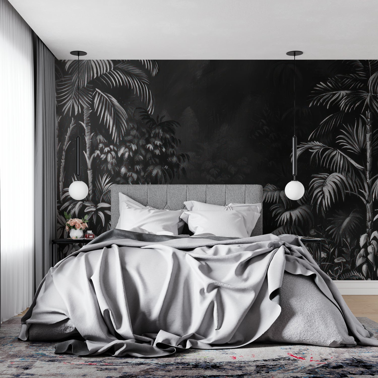 Elegant palm wallpaper installation in modern bathroom setting