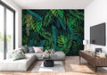 Tropical leaf wallpaper with dark monstera pattern creating drama in modern living room