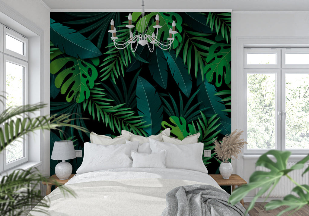 Dark botanical wall mural with palm leaves in dining room setting