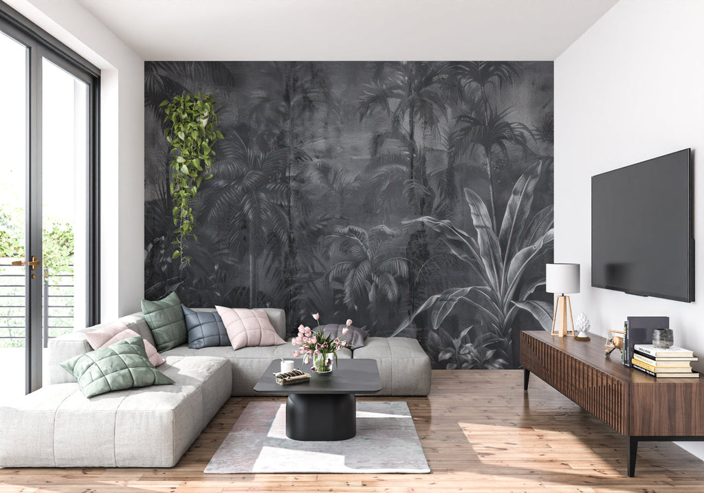 Dark botanical wallpaper creating drama in master bedroom with grey bedding