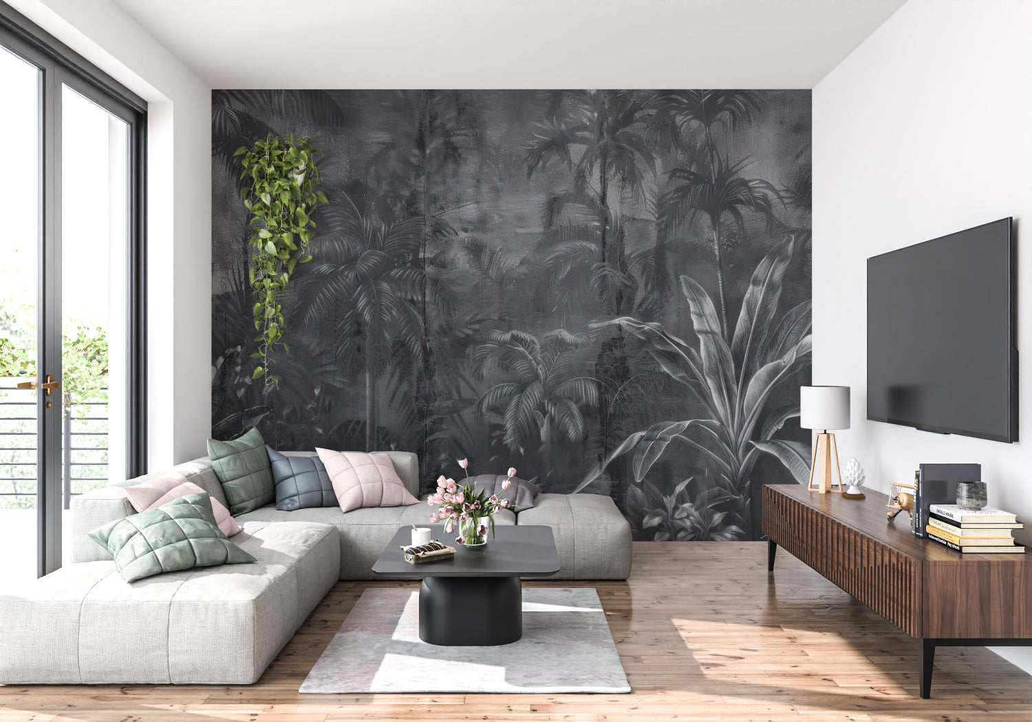 Dark botanical wallpaper creating drama in master bedroom with grey bedding