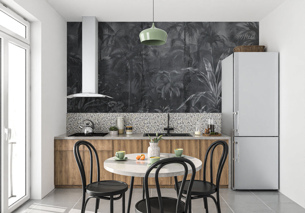 Dark tropical wallpaper adding depth to home office with white furniture