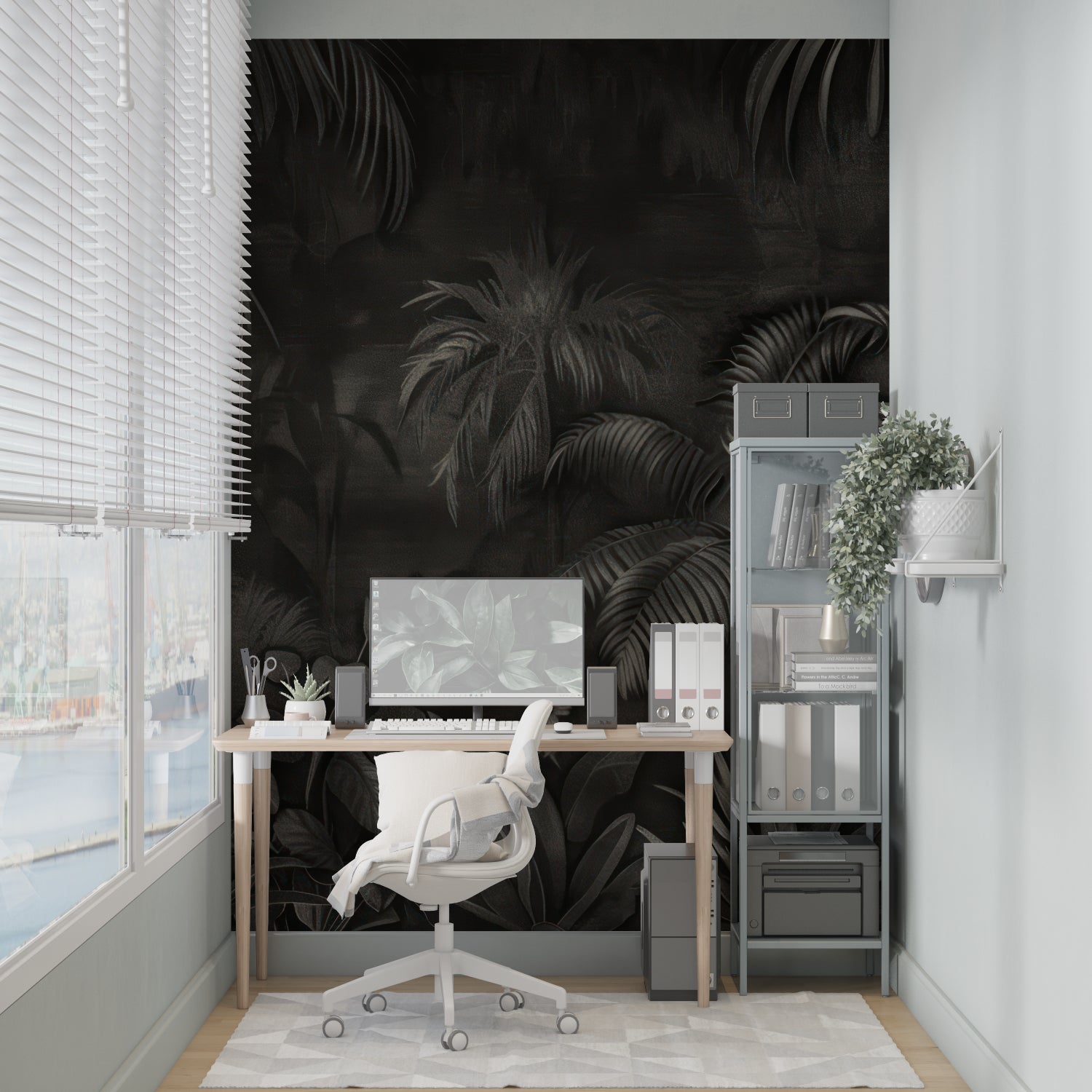 Tropical palm leaves wallpaper in modern living room with dark accent wall and minimal furniture