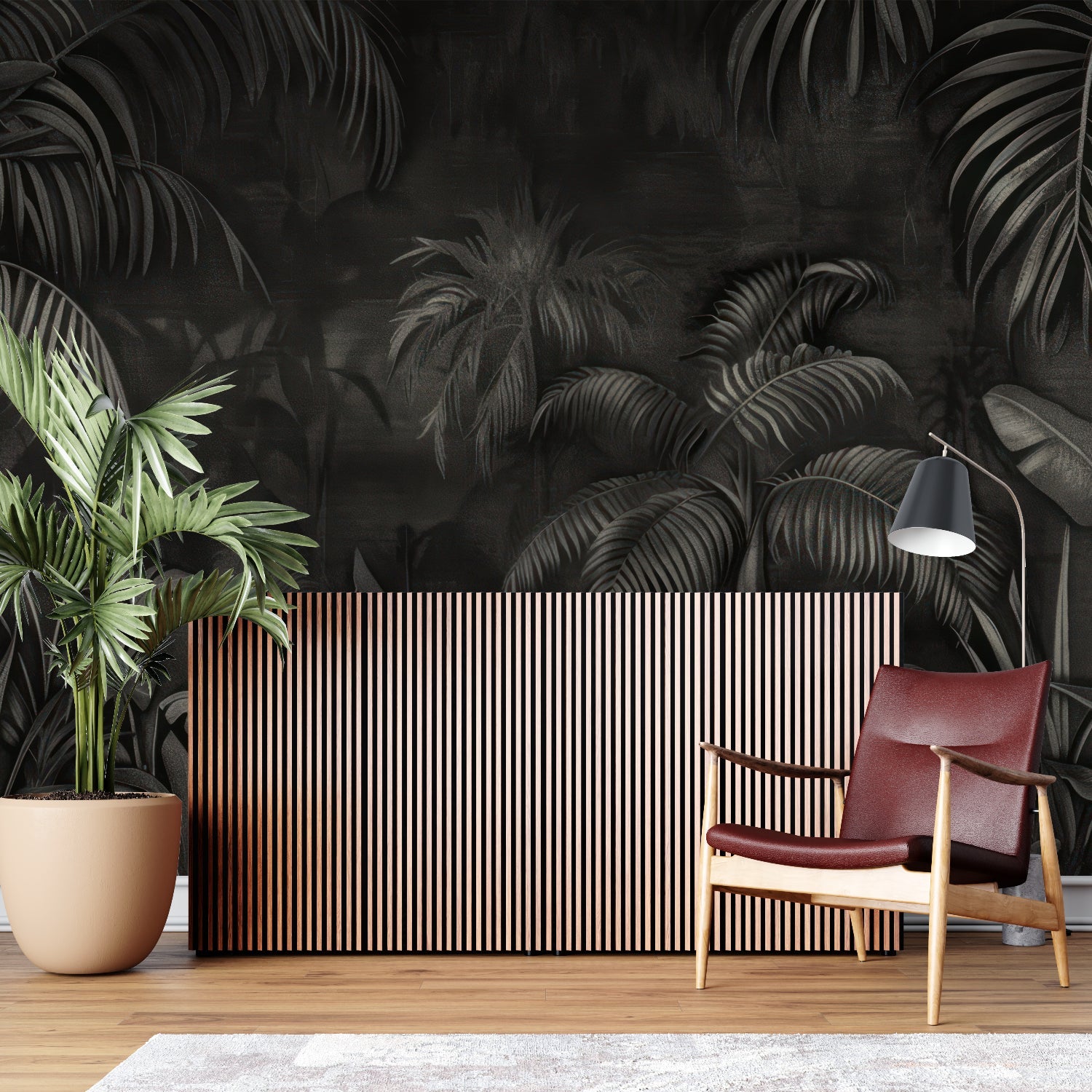 Dark palm leaves wallpaper creating drama in master bedroom with brass accents