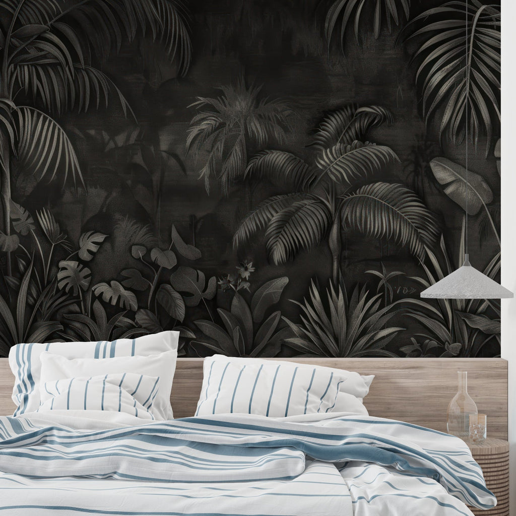 Black palm leaves pattern in dining room with contemporary furniture