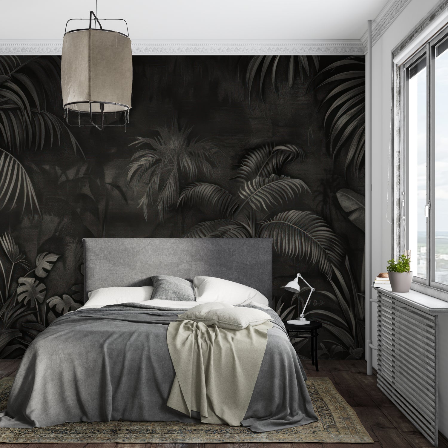 Dark botanical wallpaper in hallway with modern light fixtures