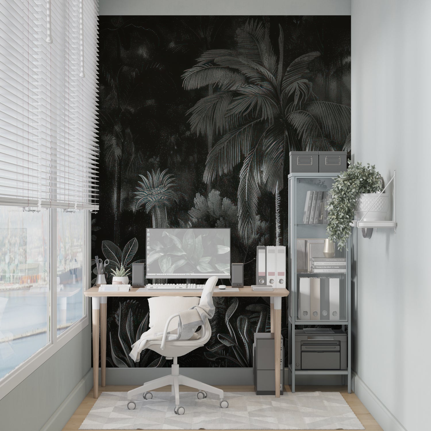 Tropical palm trees night wallpaper in modern living room with dark accent wall and contemporary furniture