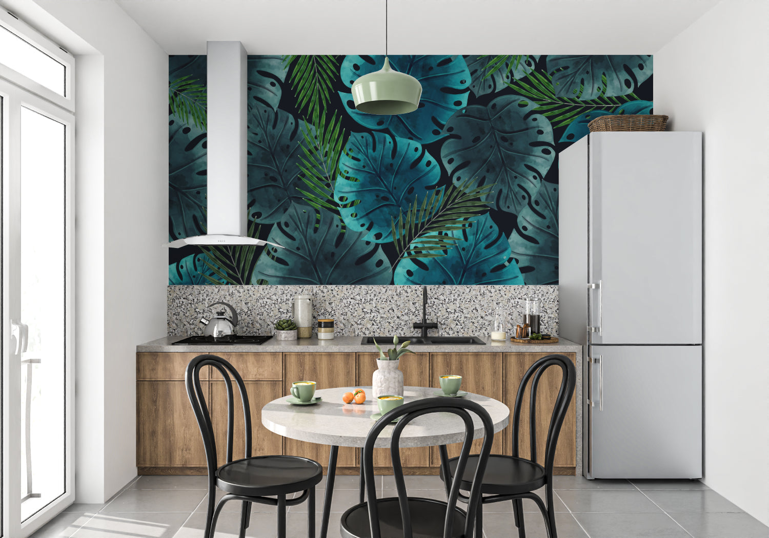 Tropical Monstera wallpaper in modern living room showing deep blue leaves against white furniture