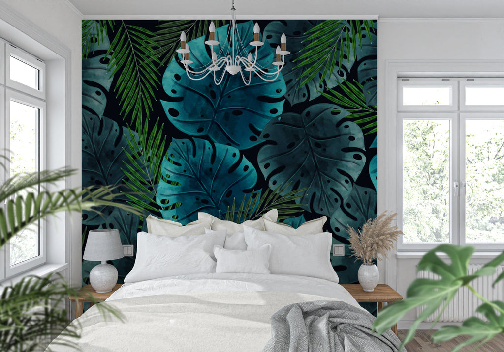 Blue Monstera leaf wallpaper creating calm atmosphere in master bedroom