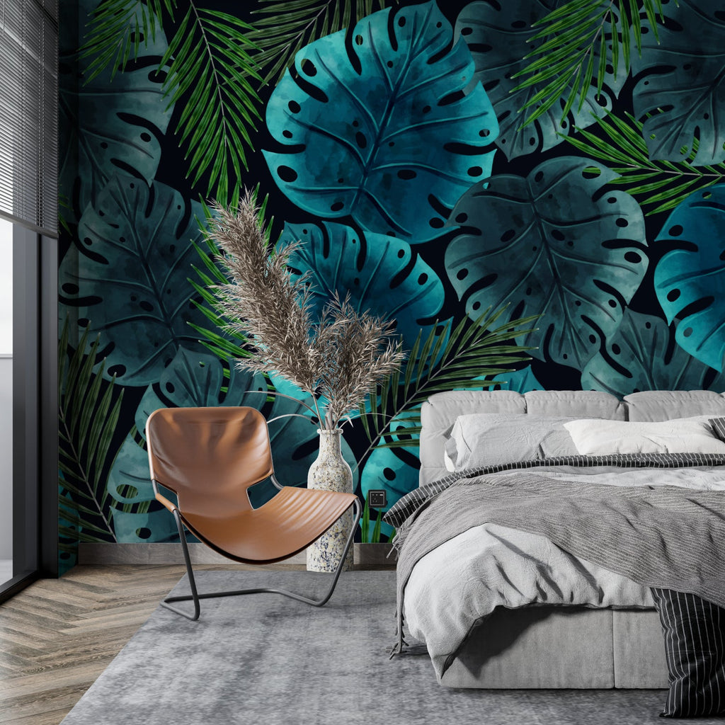 Deep blue jungle leaf pattern transforming dining room wall