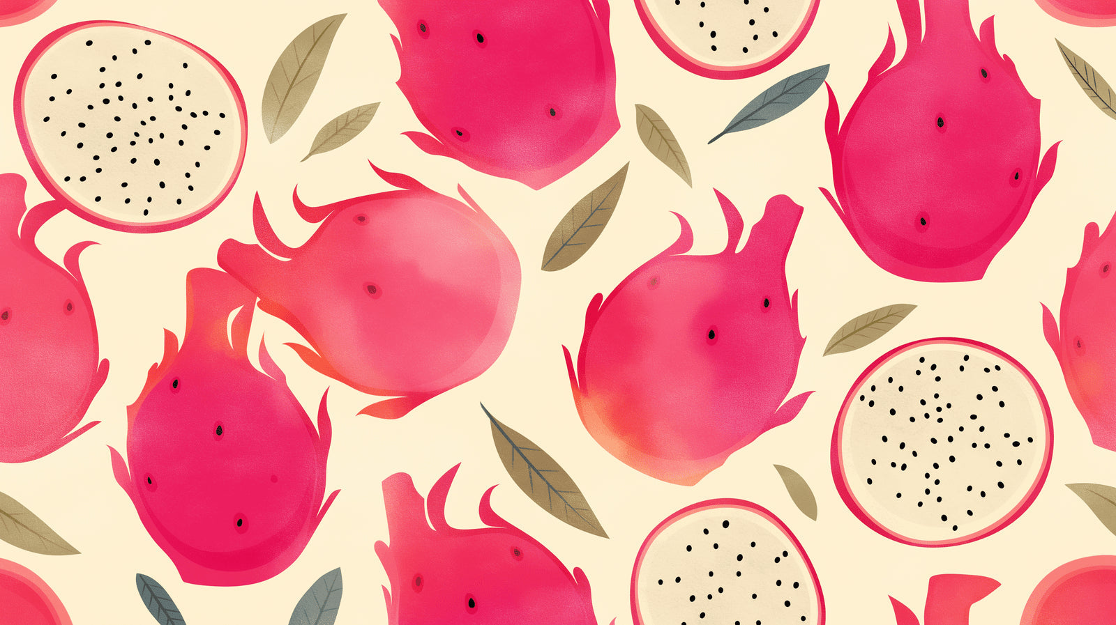 Dragon fruit pattern design file showing vibrant pink fruits and leaves on cream background