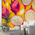 Tropical fruit wallpaper with dragon fruit pattern creating a bold statement wall in a modern kitchen with white cabinets