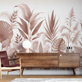 Tropical botanical wallpaper in dusky rose tones creating a serene atmosphere in a modern living room with natural light