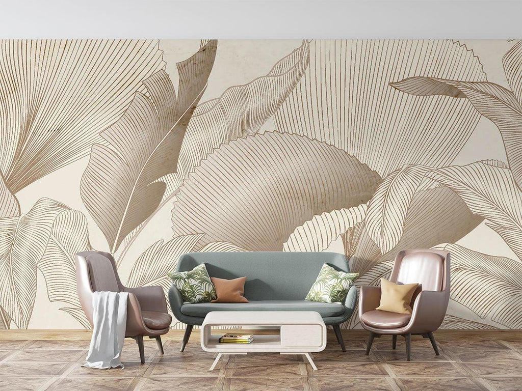 Elegant palm leaf mural in minimalist bedroom setting