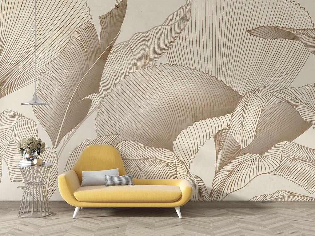 Golden palm leaf wall mural in home office space