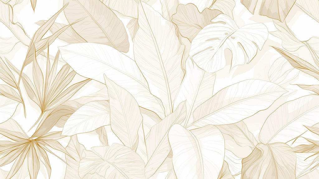 White and gold tropical wall mural bringing sophistication to a master bedroom setting